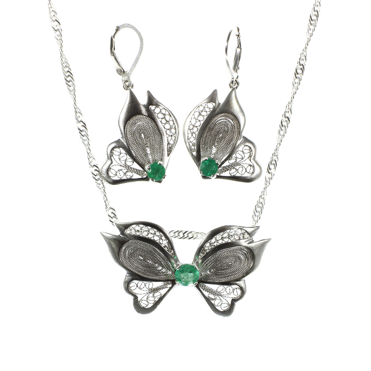 Juego de aretes y dije diseño mariposa esmeraldas ref. set-468