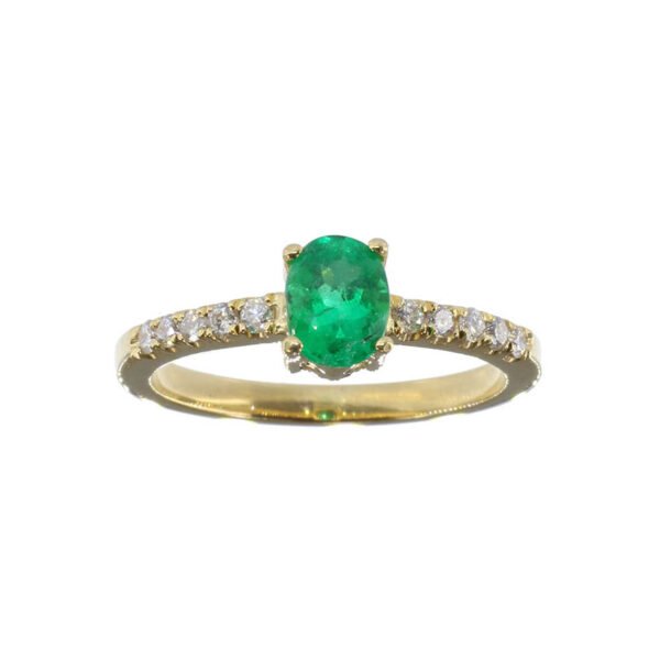 Anillo de oro 18k con esmeralda colombiana y diamantes Anillo de oro amarillo 18k con esmeralda ovalada colombiana y diamantes laterales, joyería artesanal