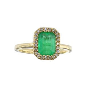 Anillo de oro 18k con esmeralda rectangular colombiana y halo de diamantes, joya de lujo artesanal