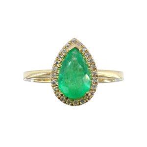 Anillo de oro 18k con esmeralda colombiana en corte lágrima y diamantes naturales, joyería premium de Bogotá